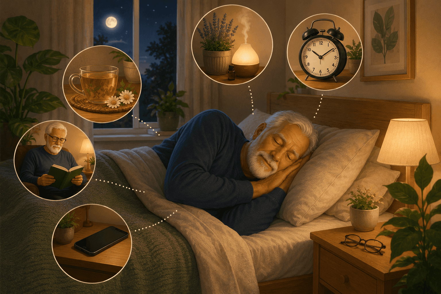 Um idoso deitado em sua cama dormindo