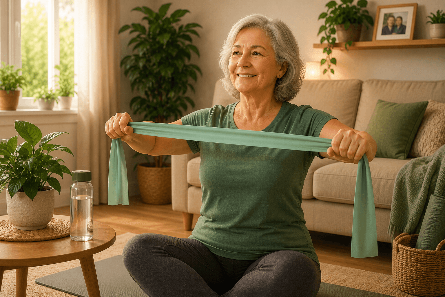 Mulher de cerca de 60 anos fazendo exercício com faixa elástica na sala de casa