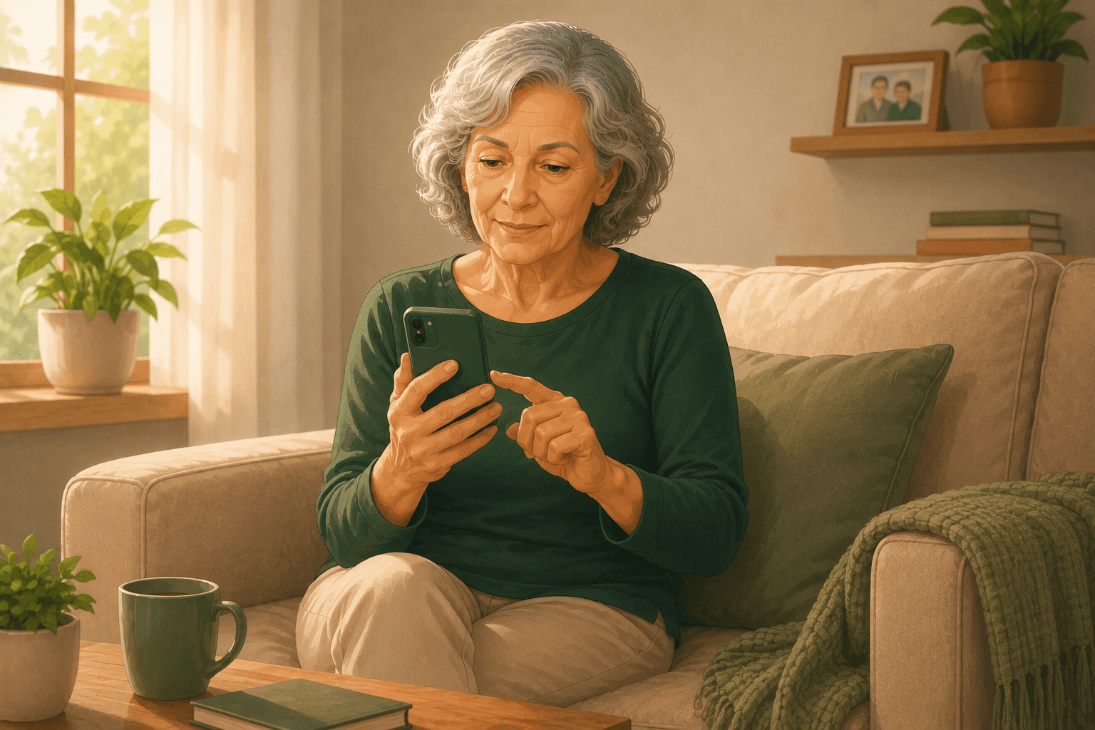 Senhora conferindo uma mensagem no celular com expressão atenta, em casa
