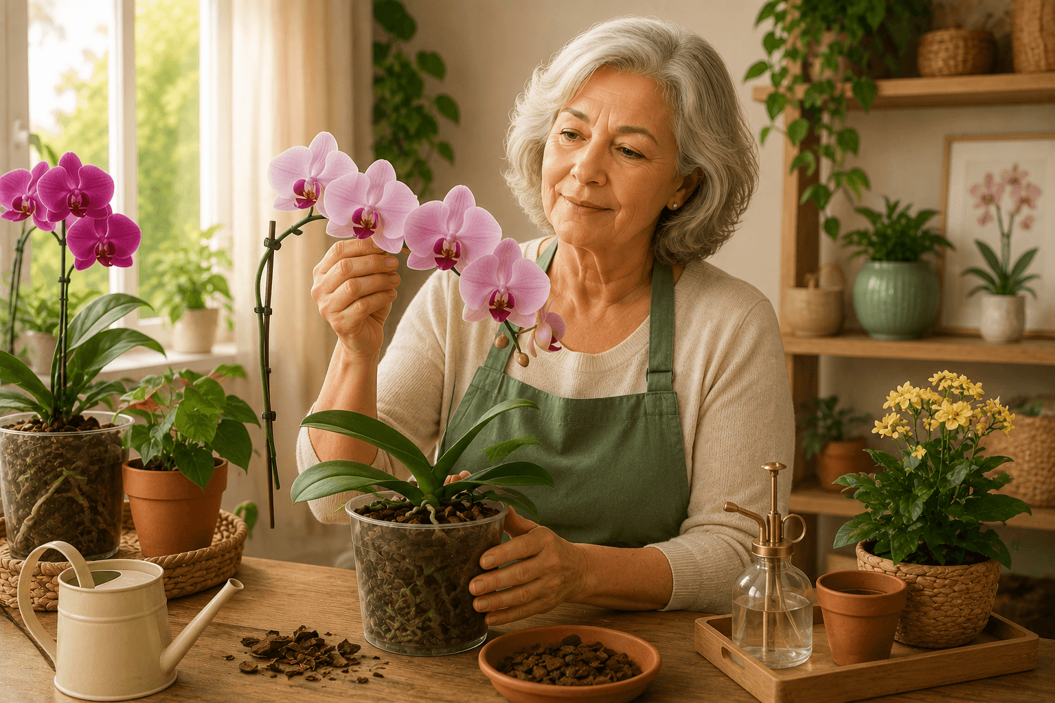 Orquídea Phalaenopsis branca em vaso transparente perto de uma janela