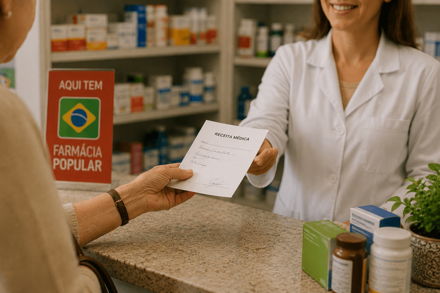 Mãos de senhora entregando receita médica no balcão de uma farmácia