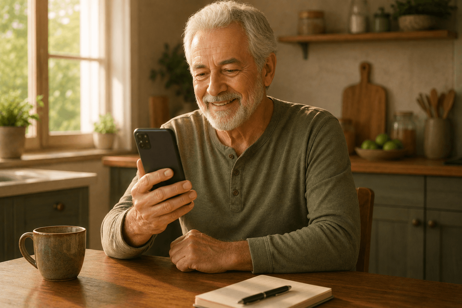 Senhor de cabelos grisalhos sorrindo ao olhar o celular sentado à mesa da cozinha, conferindo valores a receber