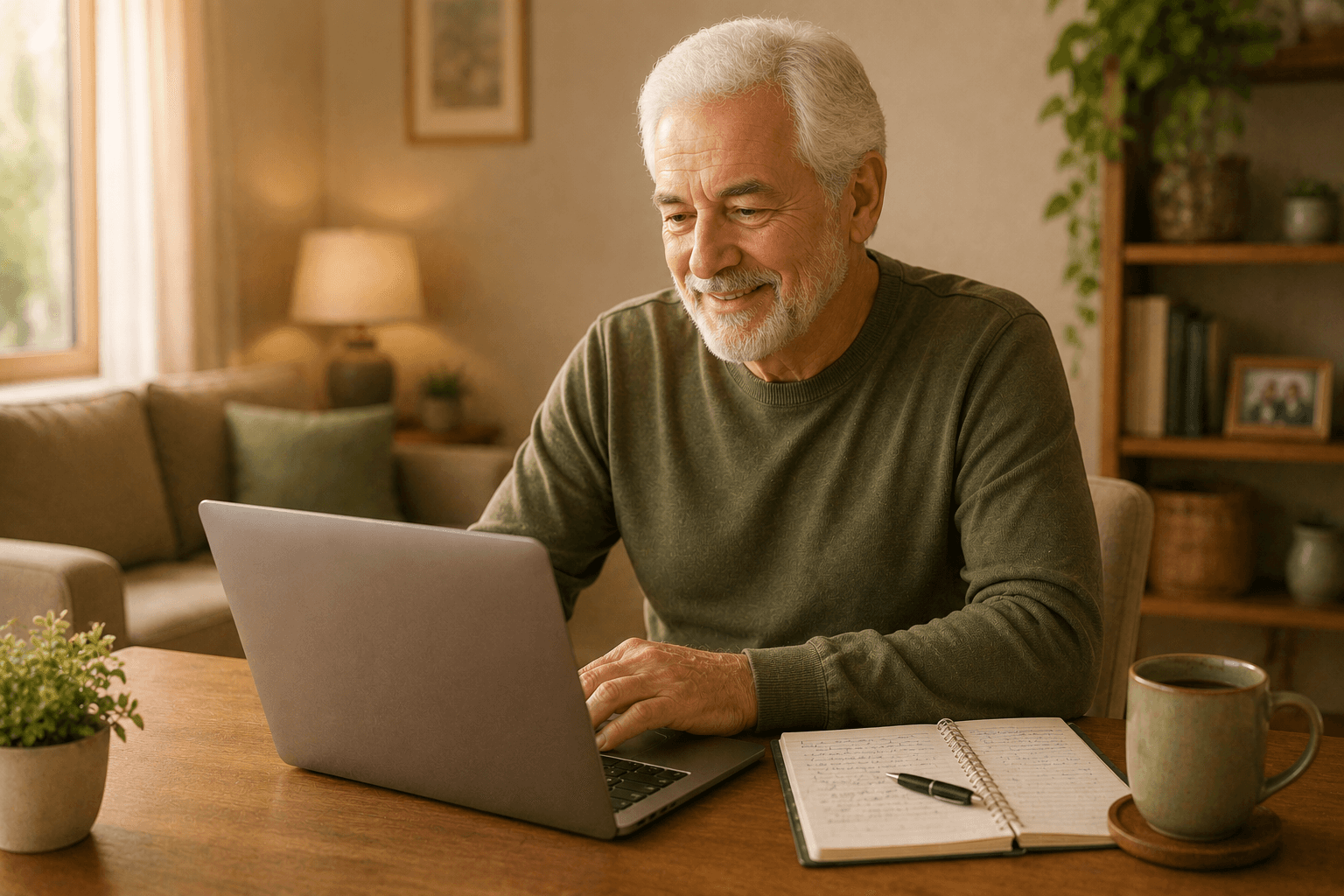 Senhor de cabelos brancos sentado à mesa da sala, estudando no notebook com um caderno aberto ao lado