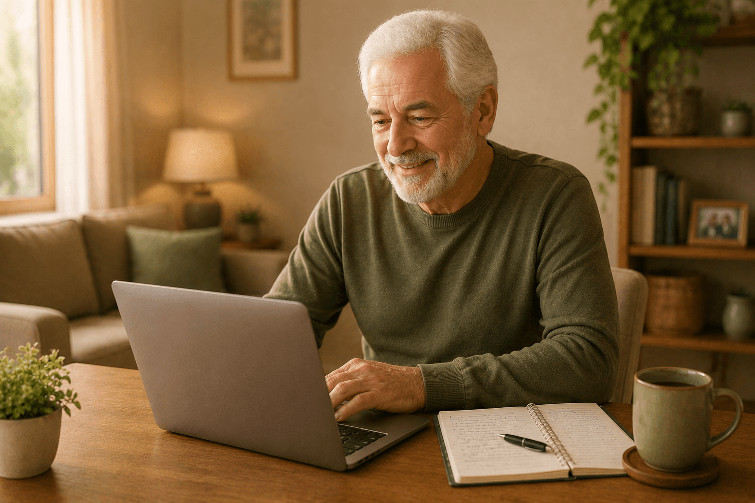 Senhor de cabelos brancos sentado à mesa da sala, estudando no notebook com um caderno aberto ao lado